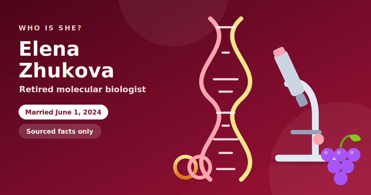 Illustration of a DNA helix and microscope beside vineyard grapes and two rings, representing a retired molecular biologist who married at a California vineyard
