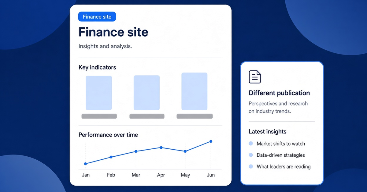 Two separate editorial cards, one labeled finance site and one labeled a different publication