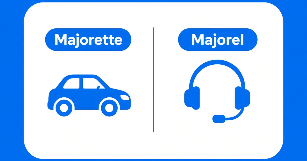 A card split between Majorette with a toy car and Majorel with a headset
