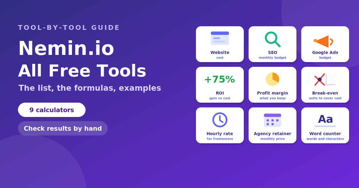Illustration of nine calculator tool cards for website cost, SEO budget, ad spend, ROI, profit margin, break-even, hourly rate, retainer and word count