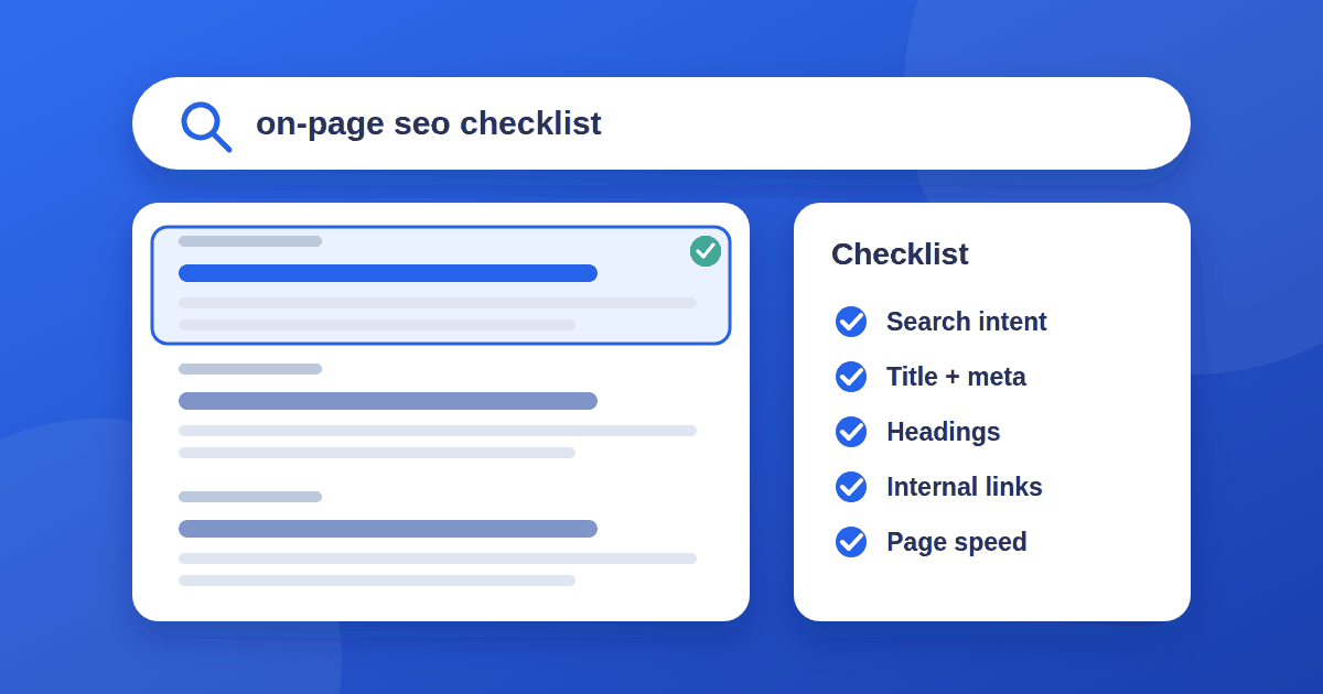 A search bar and ranked results next to an on-page SEO checklist