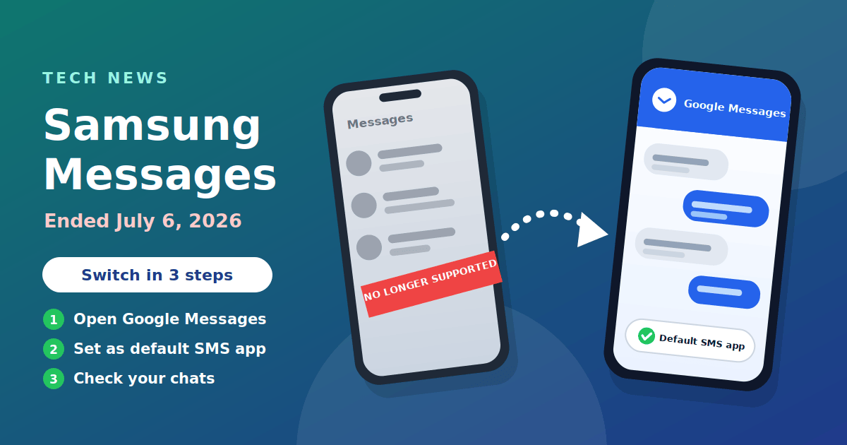 Illustration of two phones: an old Samsung Messages app marked no longer supported and a new Google Messages app set as the default SMS app, with three switch steps