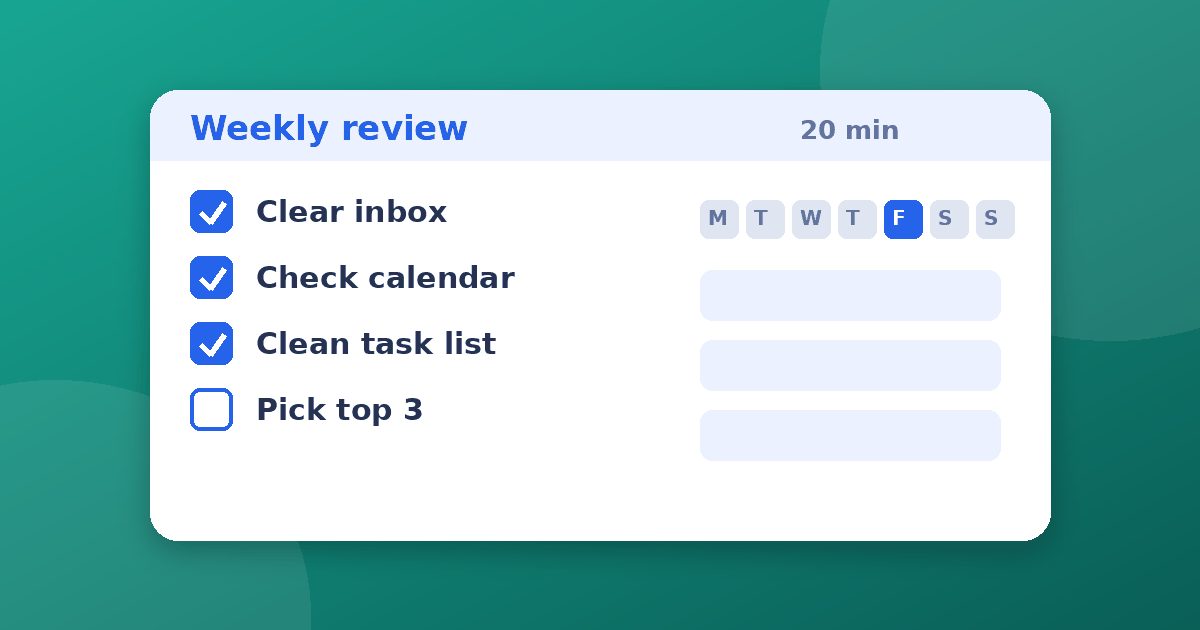 A weekly review checklist with ticked items and a calendar week strip