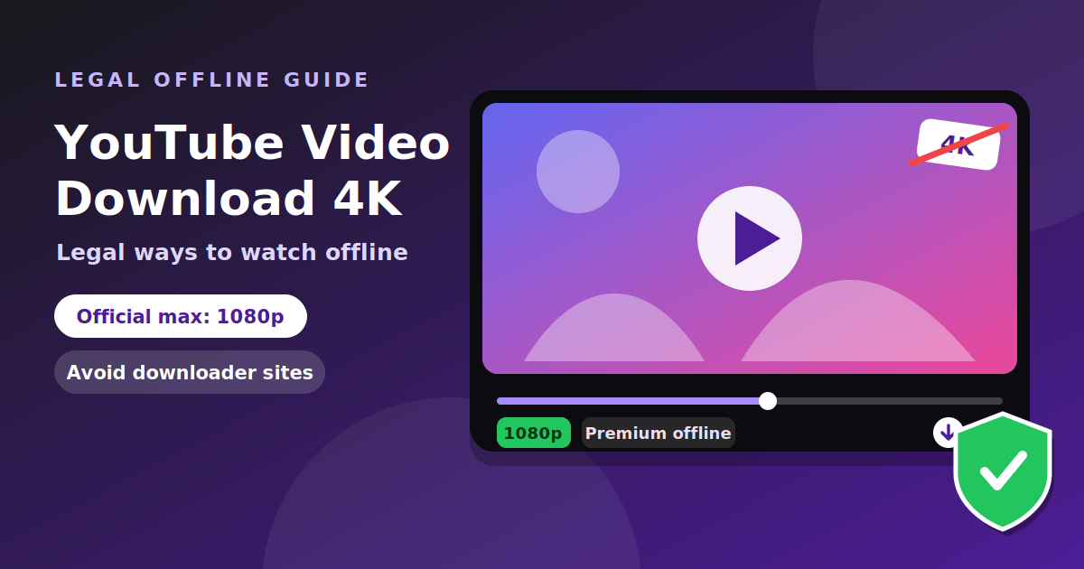 Illustration of a video player with a download arrow, a 1080p badge, a Premium offline label and a shield, showing legal ways to watch videos offline